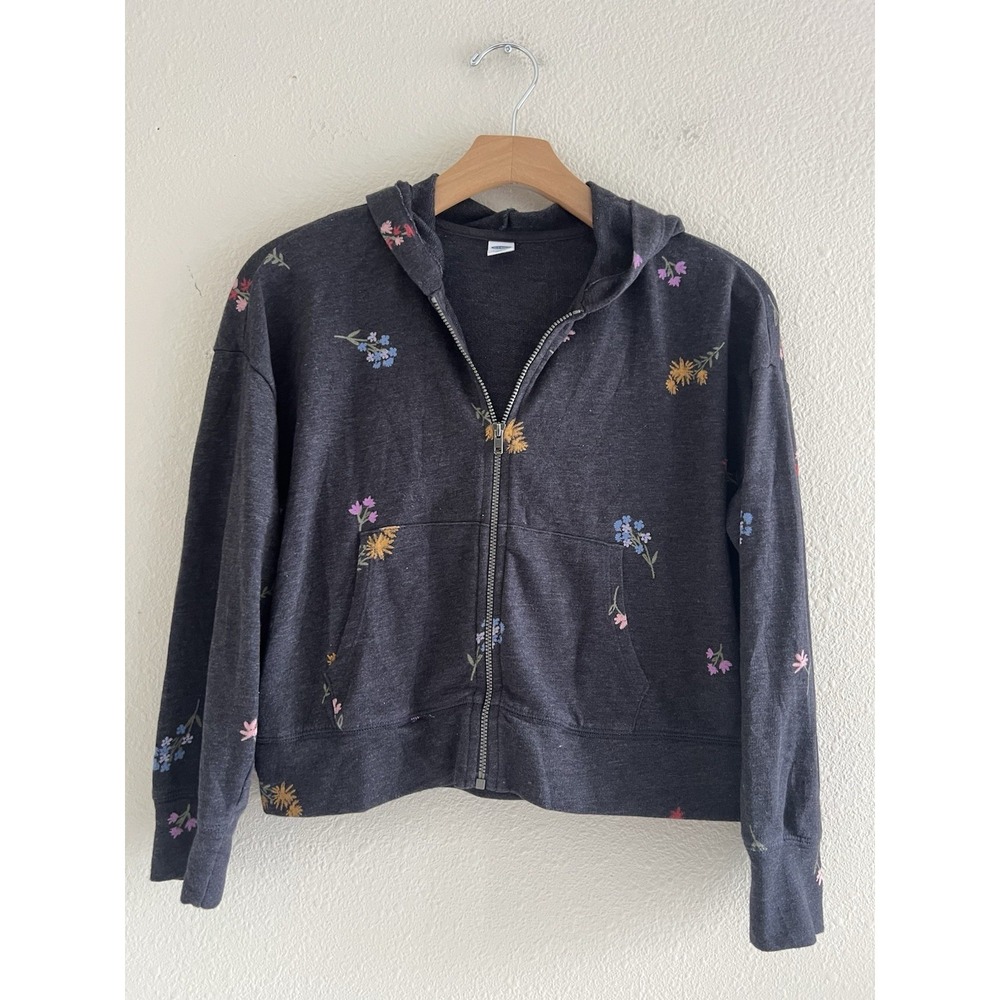 Old Navy Zip Up Floral Gray Hooded Sweater Girls L Casual Boho Feminine - Picture 1 of 5